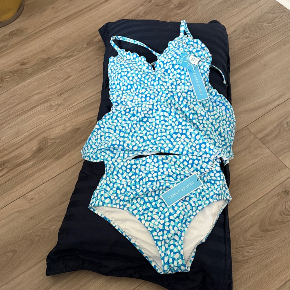 Draper James Teal and White Printed Peplum Swim Top with Adjustable Straps